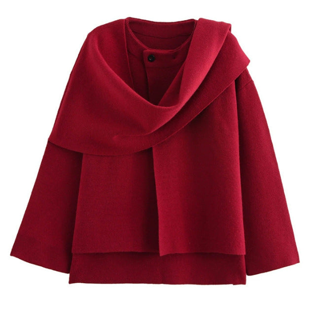 Damen 3500+ zweilagiger Wollmix‑Cape‑Poncho mit Knopfkragen und ausgestellten Ärmeln Drune