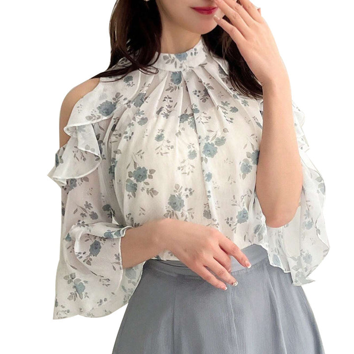 Damen Bluse mit transparentem Volant und floralem Druck Drune