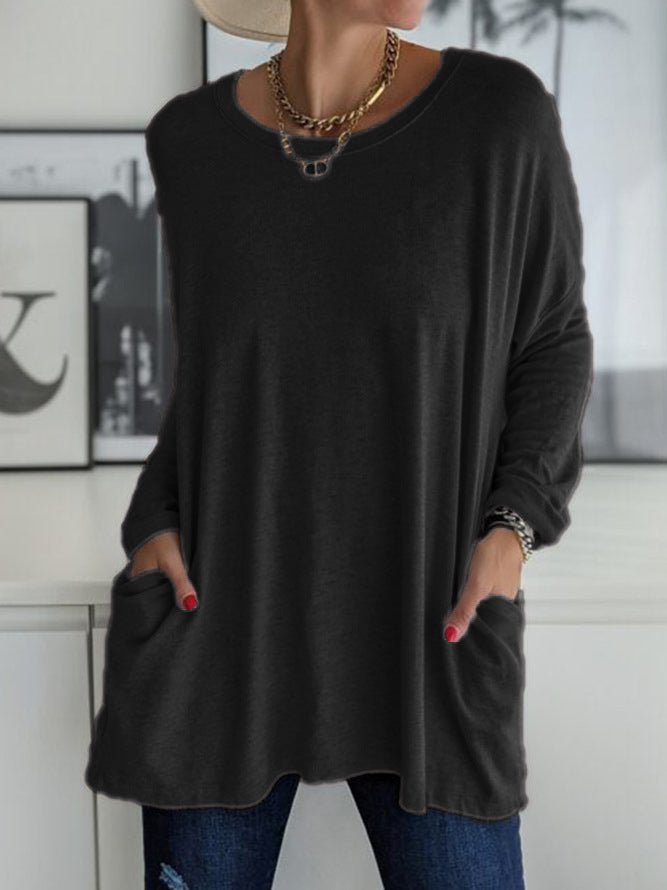 Damen Oversize Tunika mit Seitentaschen und Rundhalsausschnitt Drune