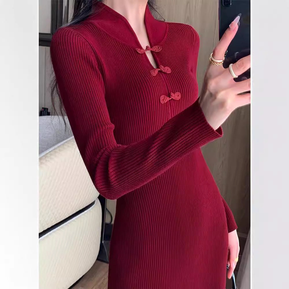 Damen Elegantes Strickkleid mit hohem Kragen und asymmetrischem Saum Drune