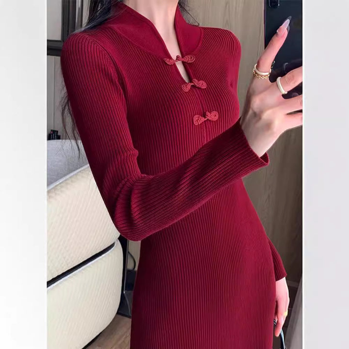 Damen Elegantes Strickkleid mit hohem Kragen und asymmetrischem Saum Drune