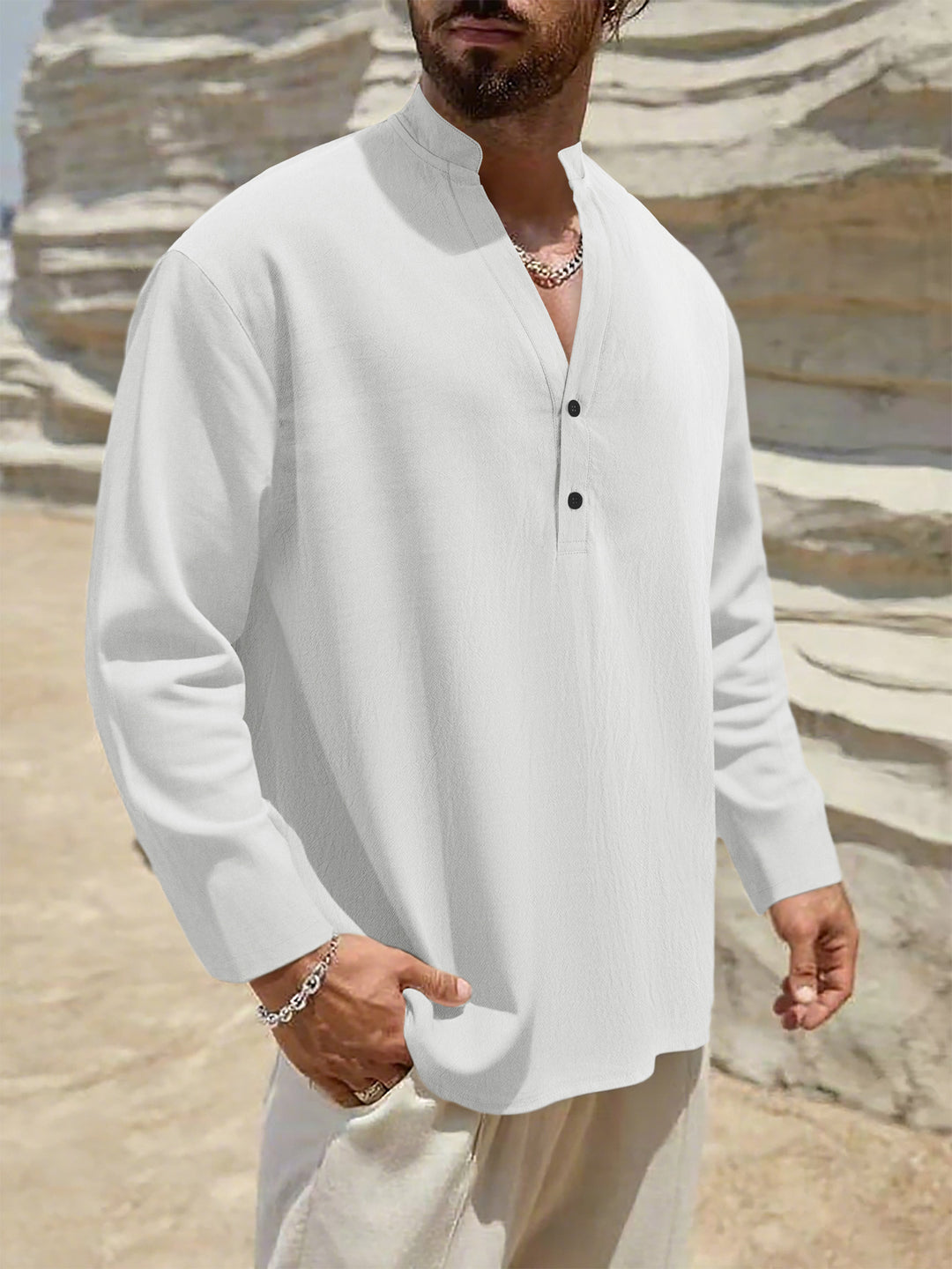 Herren Leichtes Leinen-Henley mit Stehkragen und 2-Knopf-Blende Drune