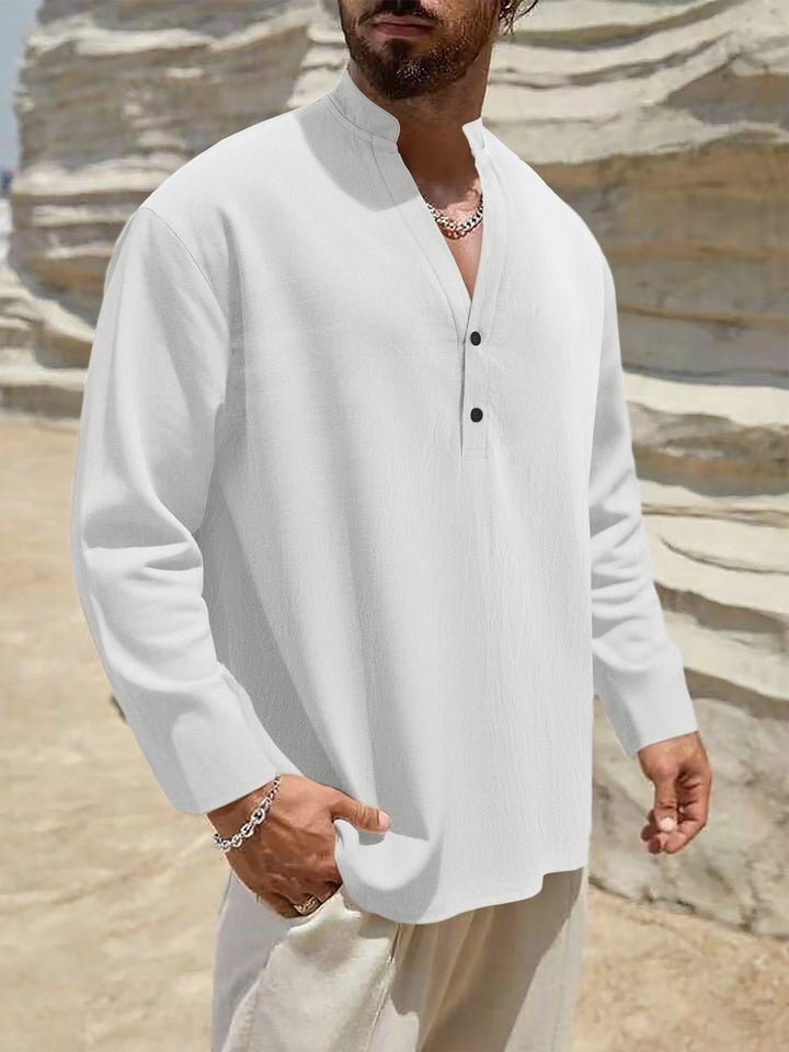 Herren Leichtes Leinen-Henley mit Stehkragen und 2-Knopf-Blende Drune