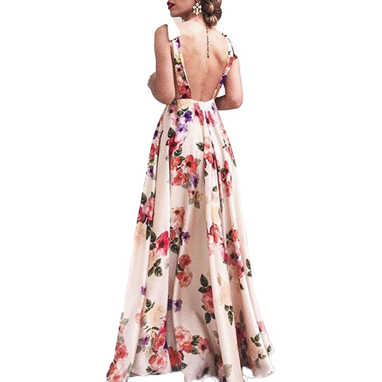 Damen Maxikleid mit floralem Design und tiefem V-Ausschnitt Drune