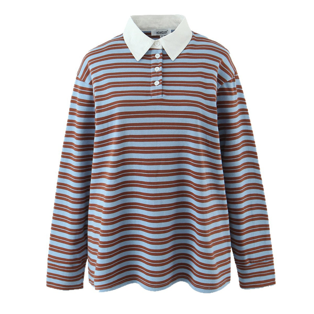 Damen Gestreiftes Oversize-Rugbyshirt mit kontrastierendem Hemdkragen und Knopfleiste Drune