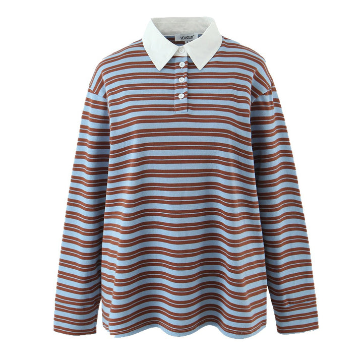 Damen Gestreiftes Oversize-Rugbyshirt mit kontrastierendem Hemdkragen und Knopfleiste Drune