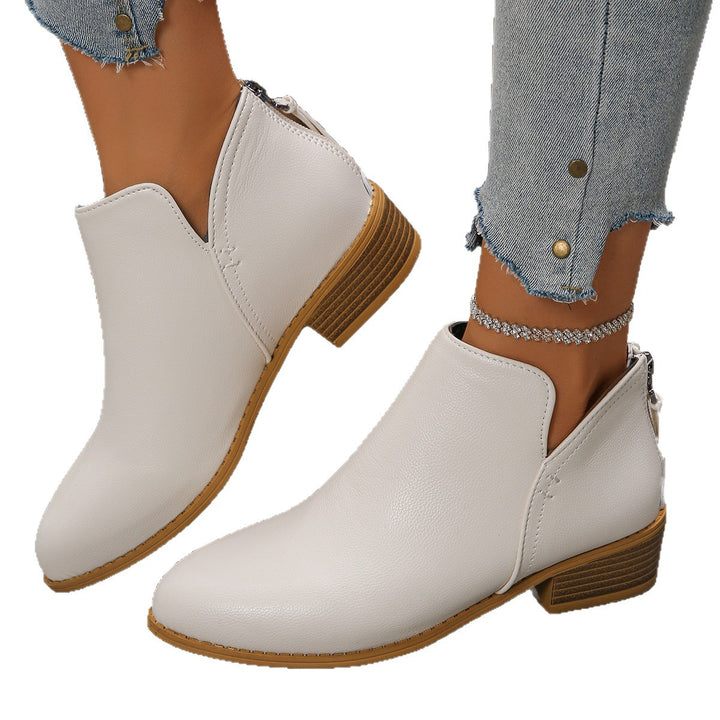 Damen Kurzstiefel mit Fersenreißverschluss, seitlichem Cut-Out und niedrigem Blockabsatz Drune