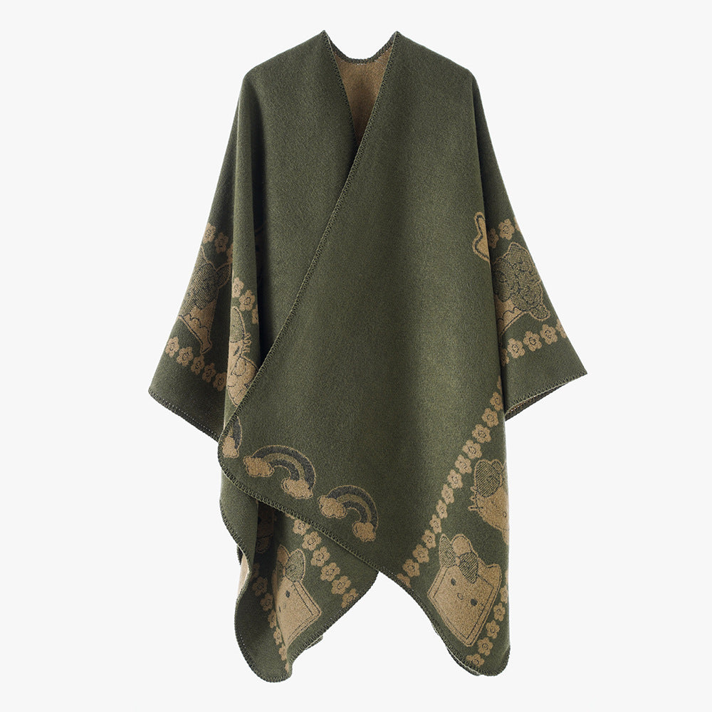 Damen Oversize-Poncho mit Jacquard‑Tiermotiv und asymmetrischem Zipfelsaum Drune