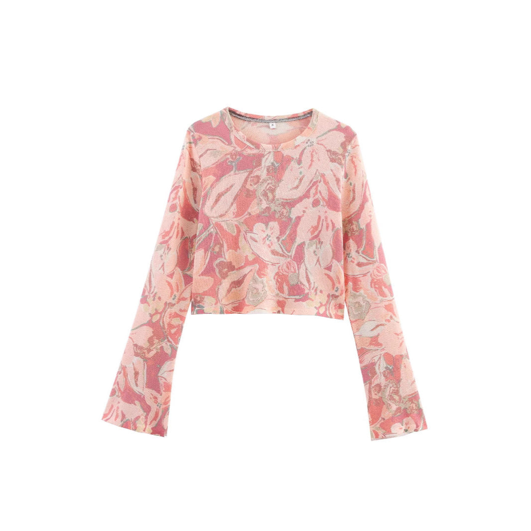 Damen lässiges Crop-Top mit floralem Muster und weiten Ärmeln Drune