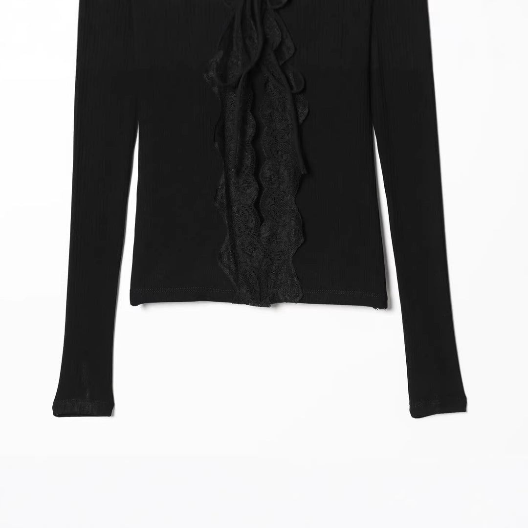 Damen Feines Rippstruktur-Longsleeve mit tiefem V‑Ausschnitt, breiter Spitzenblende und Zierband Drune