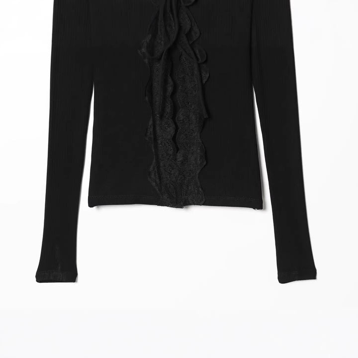 Damen Feines Rippstruktur-Longsleeve mit tiefem V‑Ausschnitt, breiter Spitzenblende und Zierband Drune