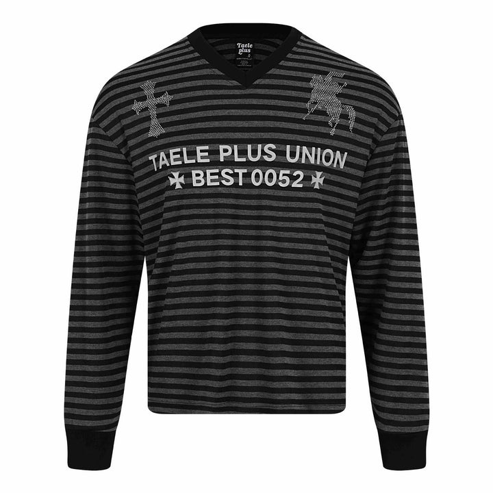 Unisex Gestreifter Langarm-Pullover mit V-Ausschnitt und Strassapplikationen Drune