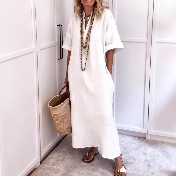 Damen Leinen Maxikleid mit V-Ausschnitt und praktischen Taschen Drune