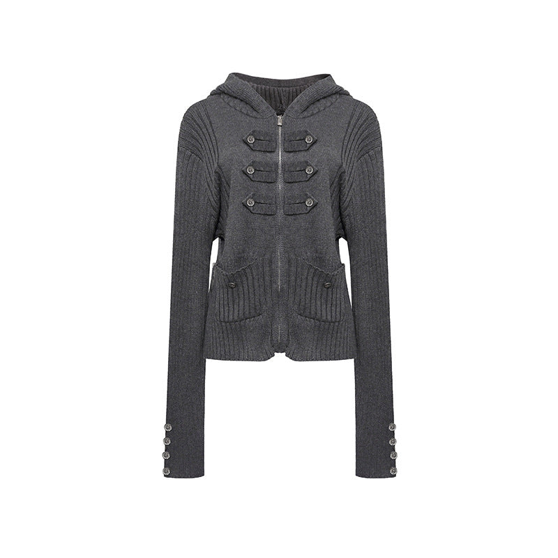 Damen gerippte Kapuzen-Strickjacke mit Reißverschluss, Zierknopfleisten und aufgesetzten Taschen Drune