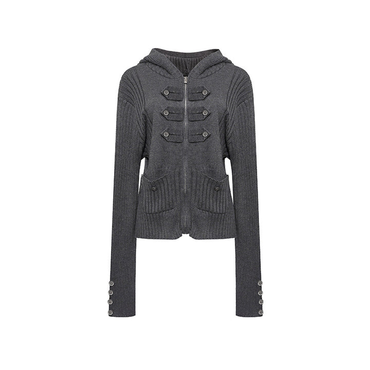 Damen gerippte Kapuzen-Strickjacke mit Reißverschluss, Zierknopfleisten und aufgesetzten Taschen Drune