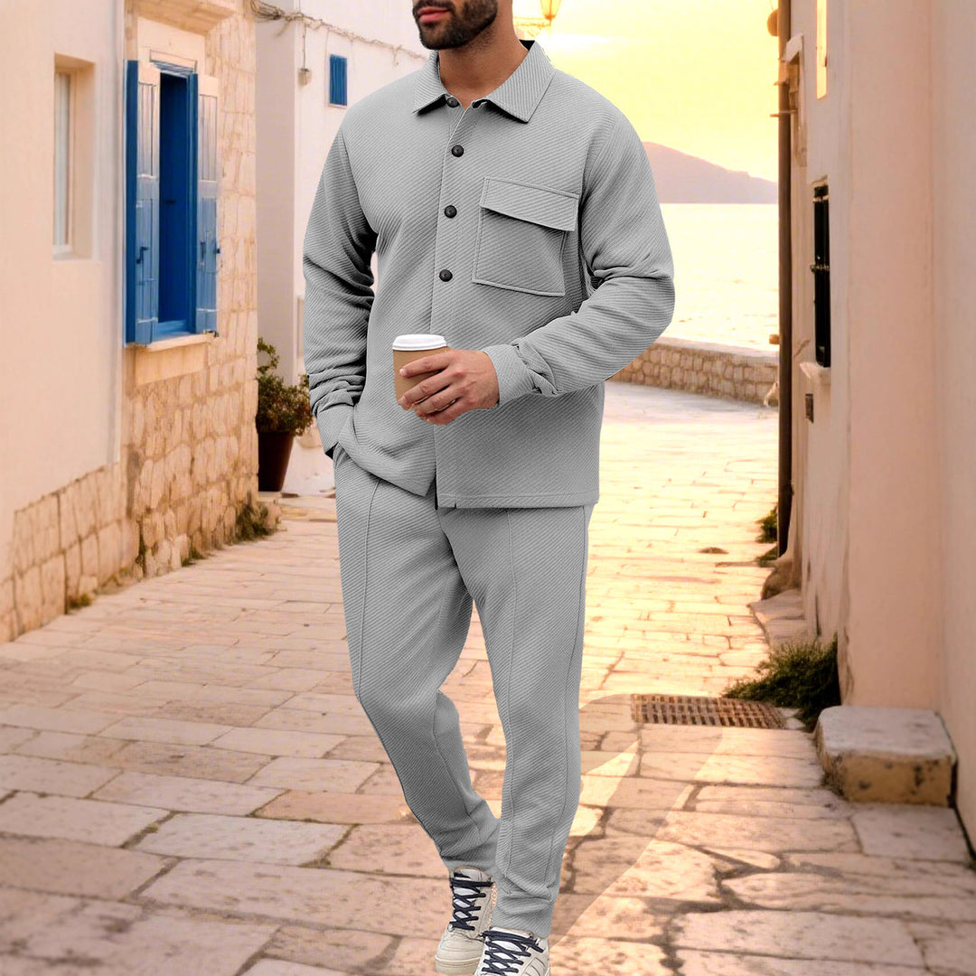 Herren Komfort-Zweiteiler Waffelstruktur-Hemdjacke mit Pattentasche und Relax-Bundhose Drune