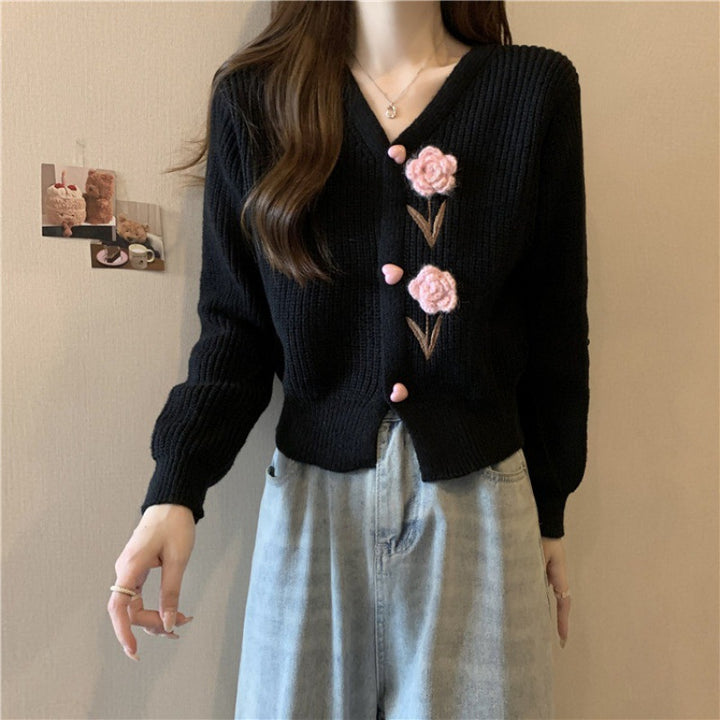 Damen Strickjacke mit floralen Applikationen und V-Ausschnitt Drune