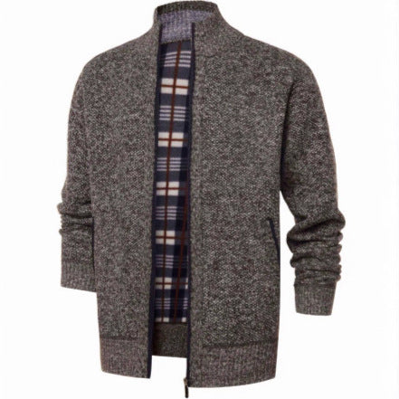 Herren gebürstete Strickjacke mit kariertem Thermofutter und Stehkragen Drune
