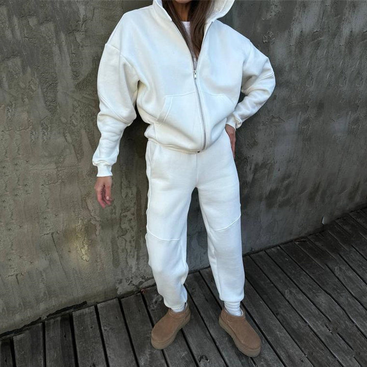 Damen kurzes Zip-Hoodie und hochtaillierte Komfort-Jogginghose-Set aus weichem Fleece Drune