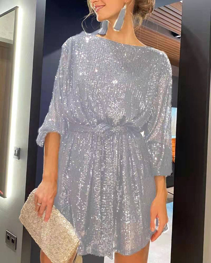 Damen Glamouröses Cocktailkleid mit funkelnden Lurex-Fäden und elastischem Taillengürtel Drune