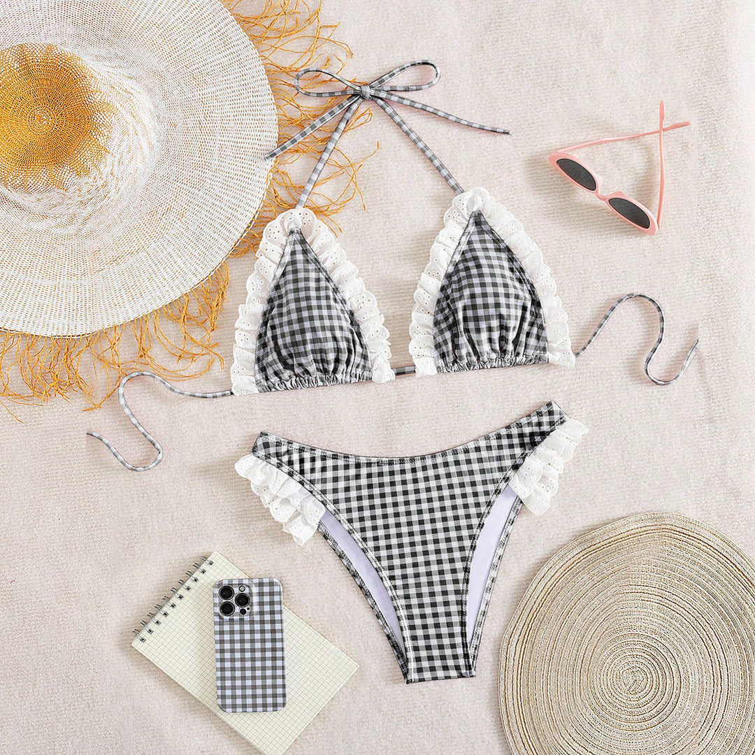 Damen Triangel-Bikini mit Rüschendetails und kariertem Design Drune
