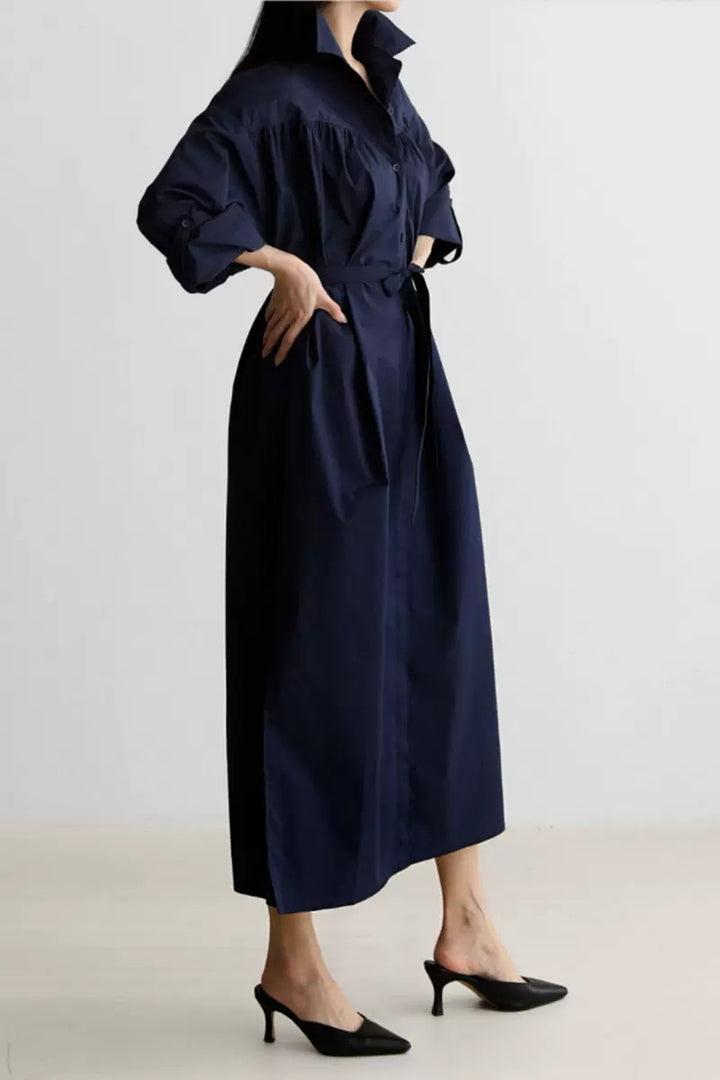 Damen Langärmliges Hemdblusen‑Maxikleid mit strukturierter Schulterpasse und Bindegürtel Drune