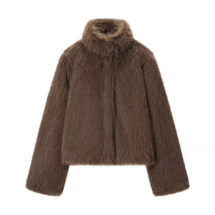 Damen nan kurzem veganer Kunstfell-Croppedjacke mit hohem Stehkragen und verdeckter Front Drune