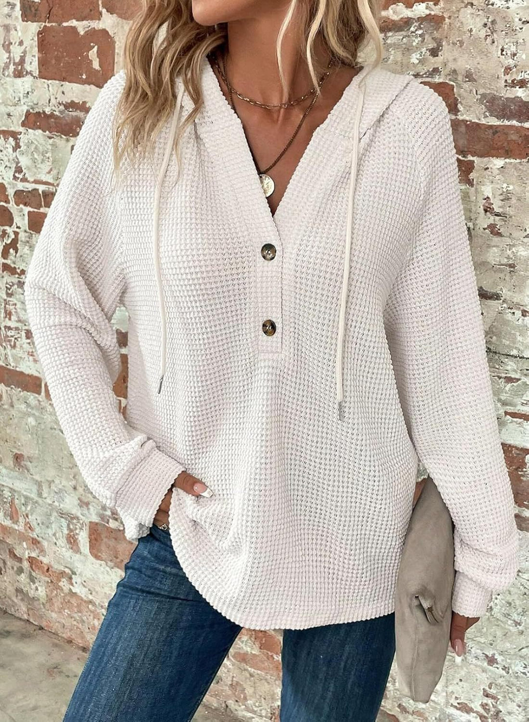 Damen gemütlicher Strickpullover mit Kapuze und Knopfleiste Drune