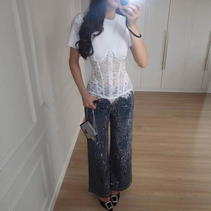Damen nan T-Shirt mit eingesetztem Spitzenkorsett und konturierter Bügelnaht Drune