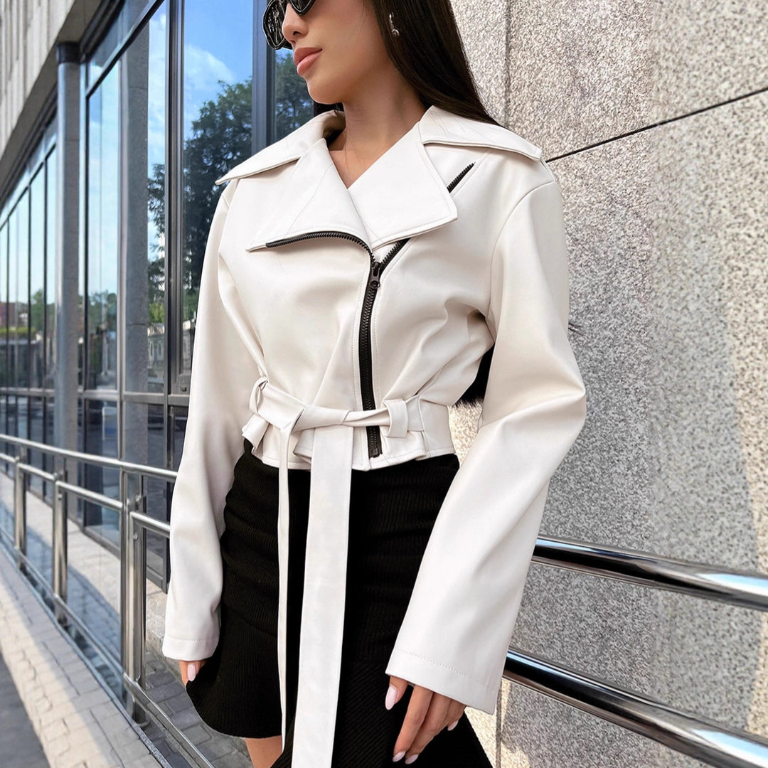 Damen Modische Kunstlederjacke mit taillierter Silhouette und trendy Gürtel Drune