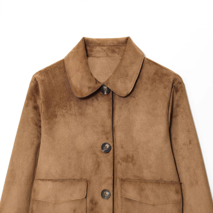 Damen kurze Utility-Jacke mit großen Taschen und modischem Kragen Drune