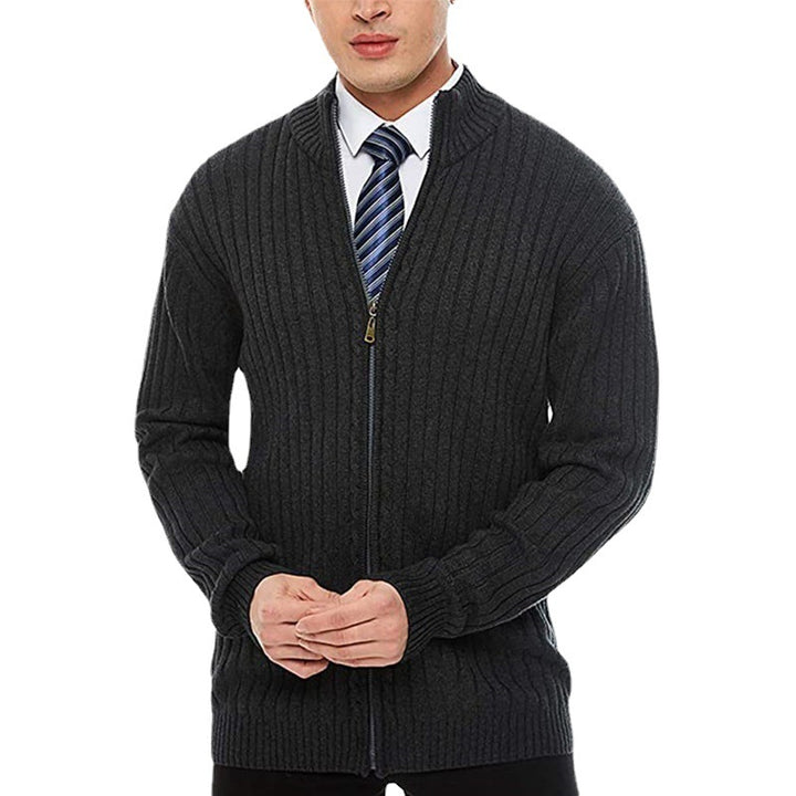 Herren Feinstrick-Cardigan mit durchgehendem Reißverschluss, Stehkragen und markanter Rippenstruktur Drune