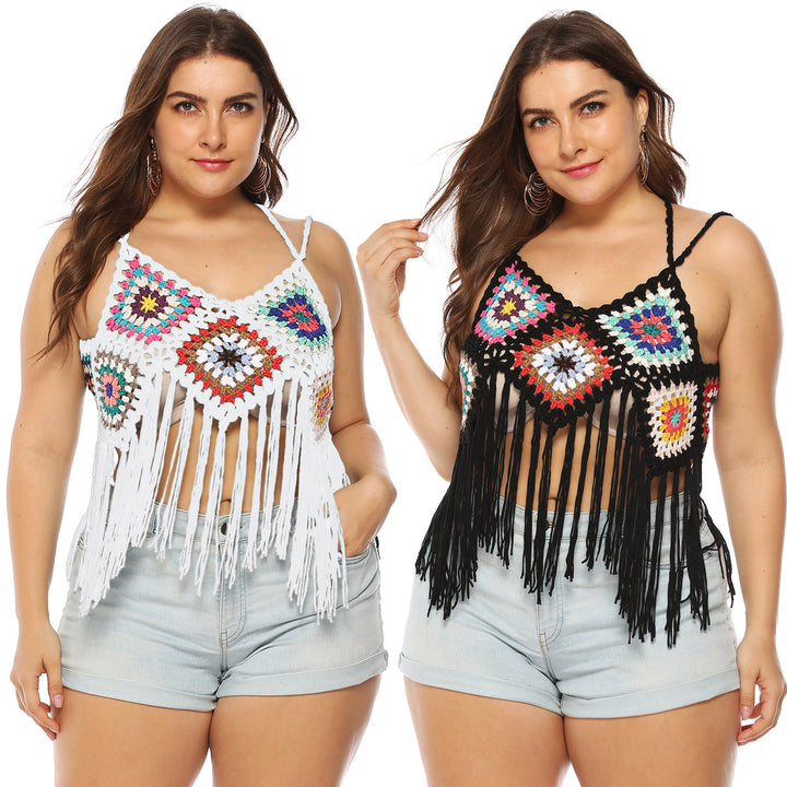 Damen gehäkeltes Crop-Top mit buntem Fransen-Design Drune