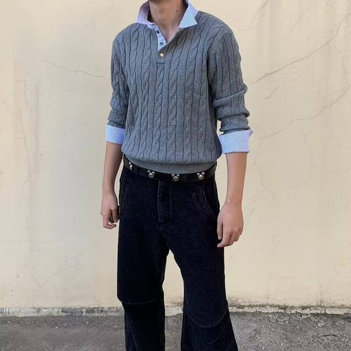 Herren Kabelstrickpullover mit Hemdkragen-Layering-Effekt Drune