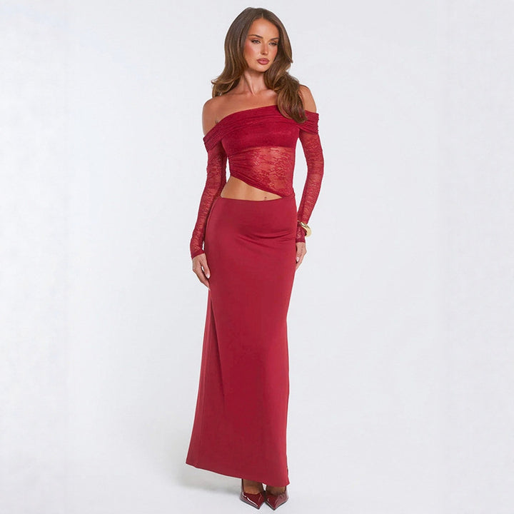 Damen elegantes Off-Shoulder-Maxikleid mit asymmetrischem Schnitt und transparenter Spitze Drune