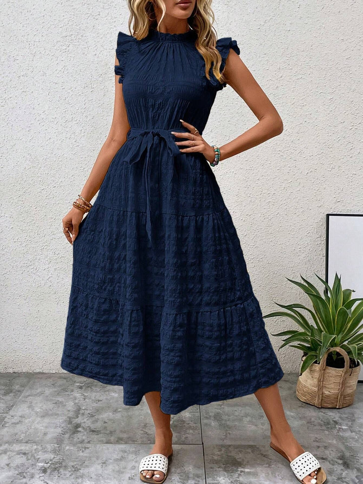 Damen Midikleid mit Stehkragen, Rüschenärmeln und Taillengürtel Drune