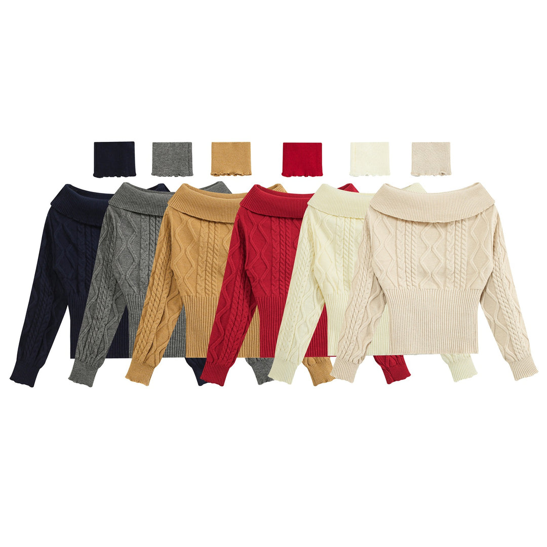 Damen Off-Shoulder Zopfstrick-Pullover mit weitem Rippbund und Umschlagkragen Drune