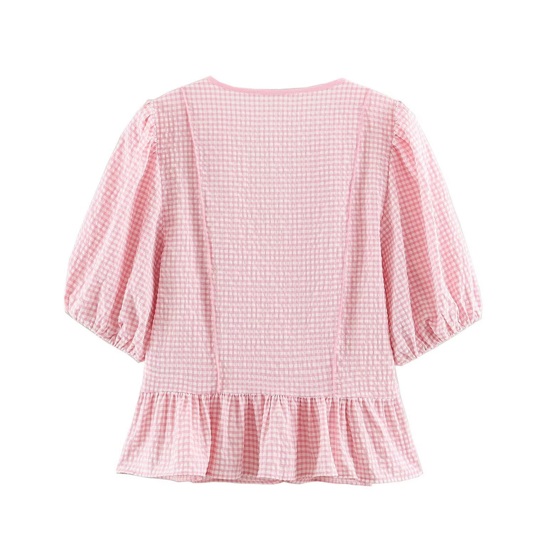 Damen Karierte V‑Neck‑Bluse mit Puffärmeln und Volantsaum Drune