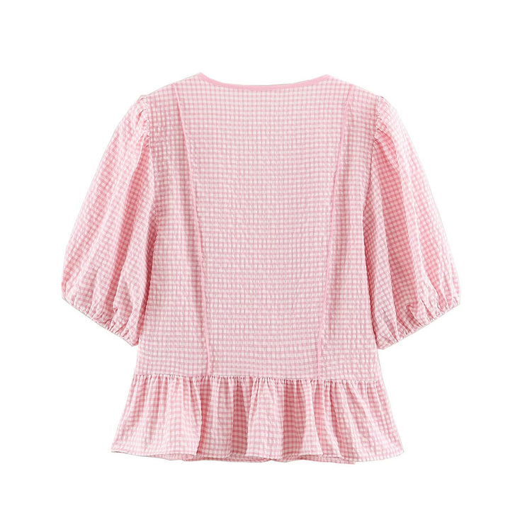 Damen Karierte V‑Neck‑Bluse mit Puffärmeln und Volantsaum Drune