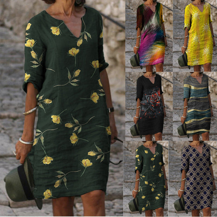 Damen Sommerliches Leinenkleid mit modernem Muster Drune