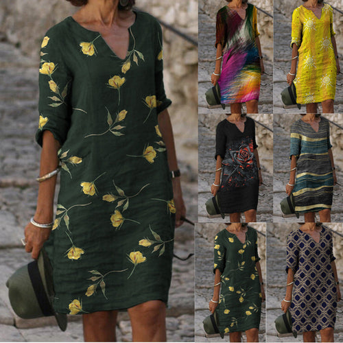 Damen Sommerliches Leinenkleid mit modernem Muster Drune