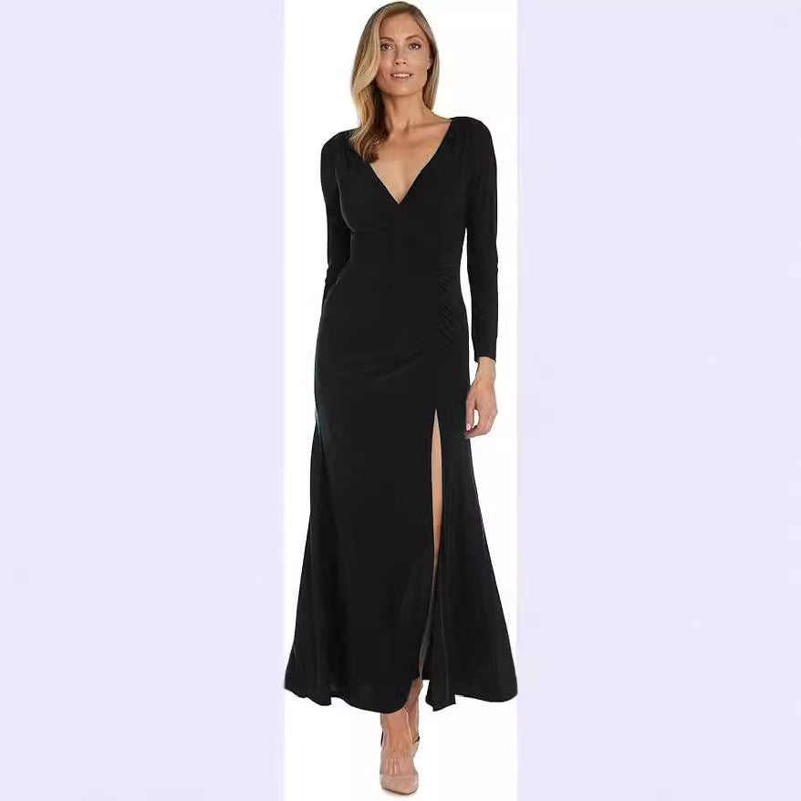 Damen elegantes Maxikleid mit tiefem V-Ausschnitt und seitlichem Schlitz Drune