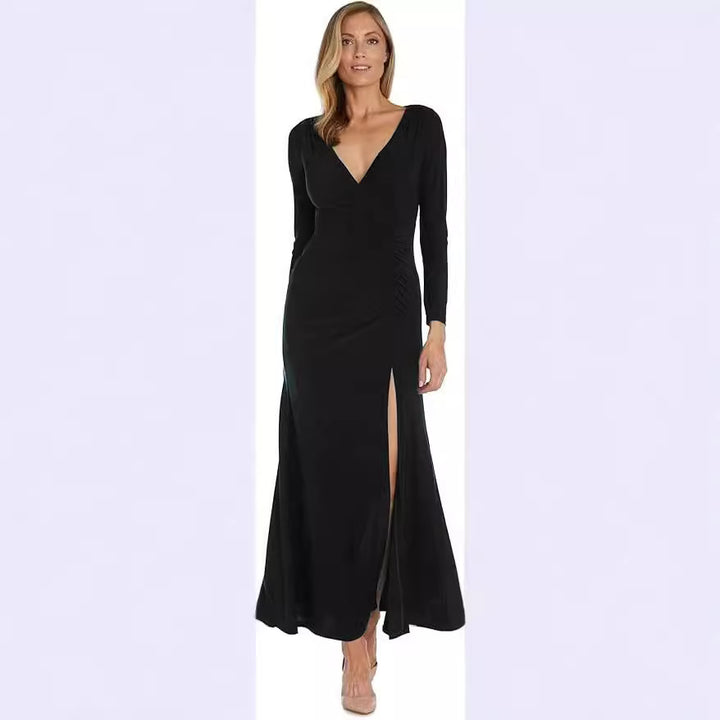 Damen elegantes Maxikleid mit tiefem V-Ausschnitt und seitlichem Schlitz Drune