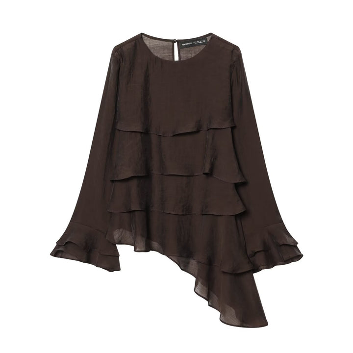 Damen 50+ mehrlagige Volant‑Bluse mit asymmetrischem Saum und Glockenärmeln Drune