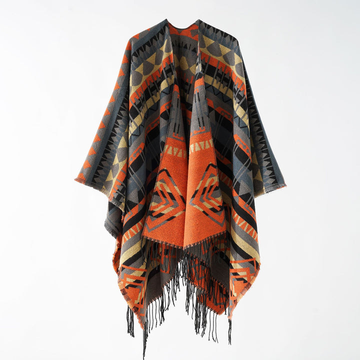 Damen Geometrisch gemusterter Wollmix‑Poncho mit Zipfel und Fransen Drune
