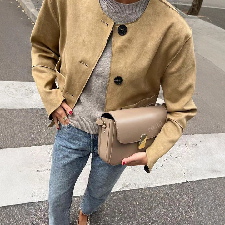 Damen modische Kurzjacke mit praktischen Taschen und Knopfverschluss Drune