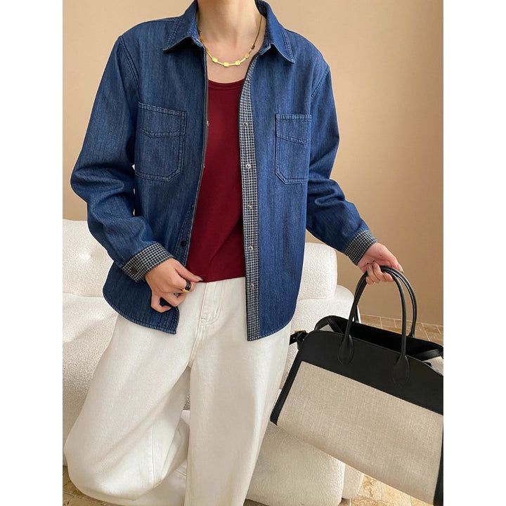 Damen lässige Denim-Hemdjacke mit karierten Details Drune