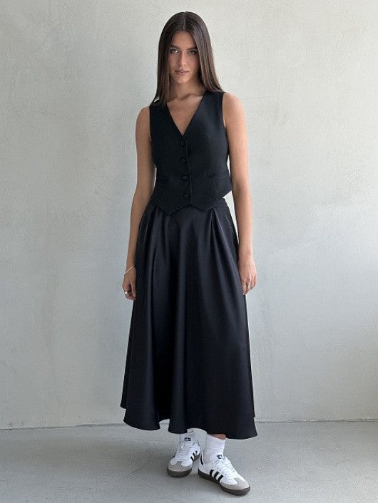 Damen Fließender Satin-Midirock mit hohem Bund und Tellerfalten Drune