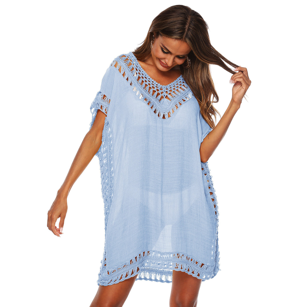 Damen Häkel-Strandüberwurf mit elegantem V-Ausschnitt und fransigen Details Drune