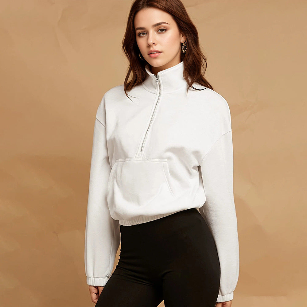 Damen halbzip Cropped Sweatshirt mit hohem Stehkragen, Kängurutasche und elastischem Saum Drune